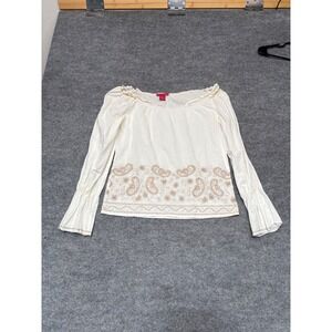 Sunny Leigh White Cotton Embroidered Peasant Blouse Gold Paisley Boho Top Small